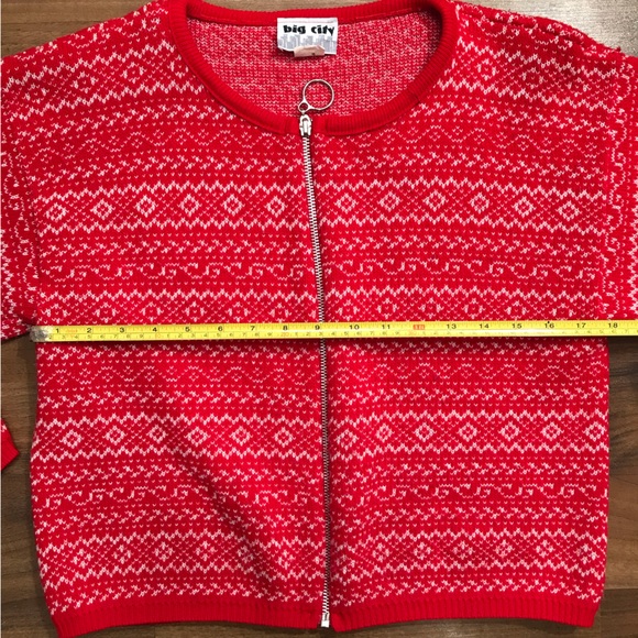 Vintage knit zip up crewneck sweater bright red white semi cropped Big City - Picture 6 of 8